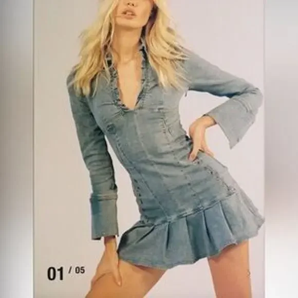 I.AM.GIA Molly Fitted Denim Mini Dress with Drop Waist and Chunky Pleats size L - Picture 13 of 13
